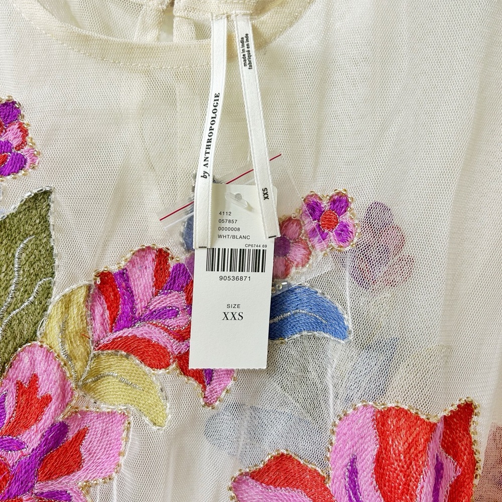 NEW XXS Anthropologie Layla Mesh Appliqué Long Sleeve Floral Embroidered Blouse - Picture 3 of 10